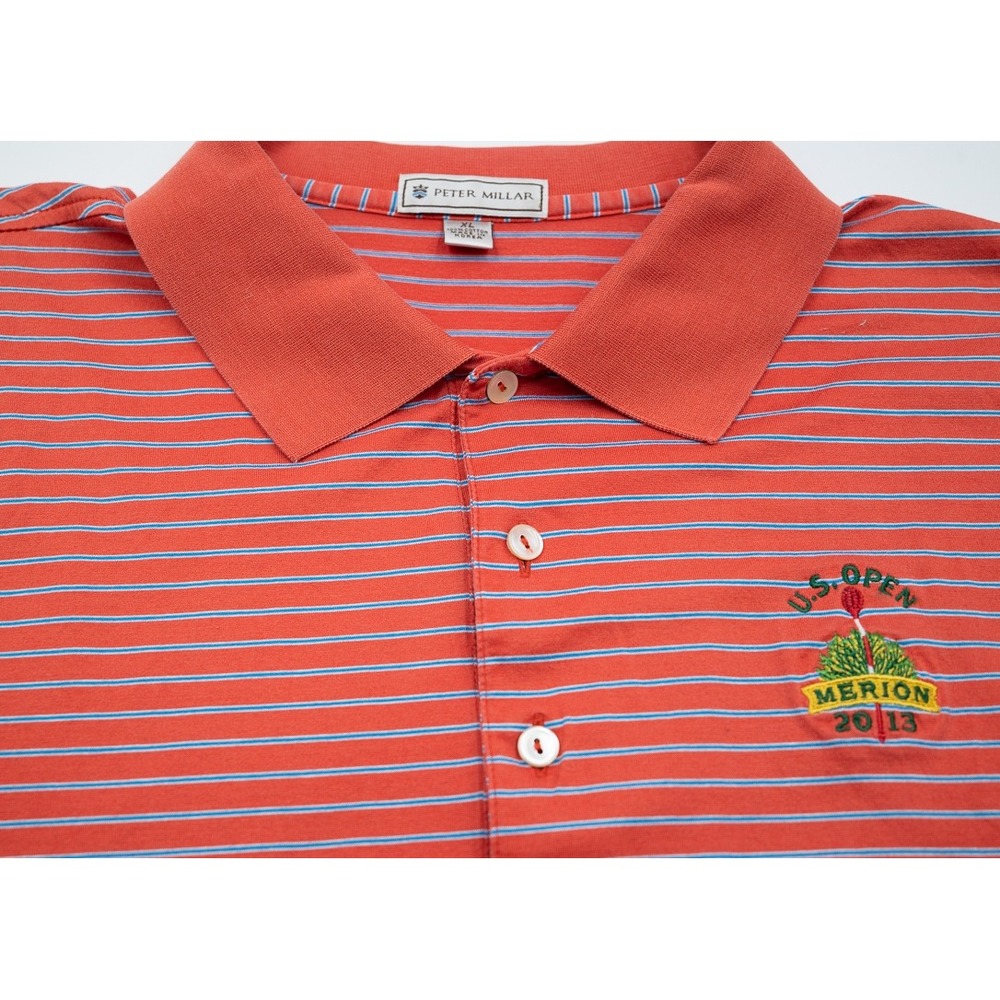 Peter Millar Mens XL Polo Shirt 2013 US Open Merion Striped Coral Orange Cotton